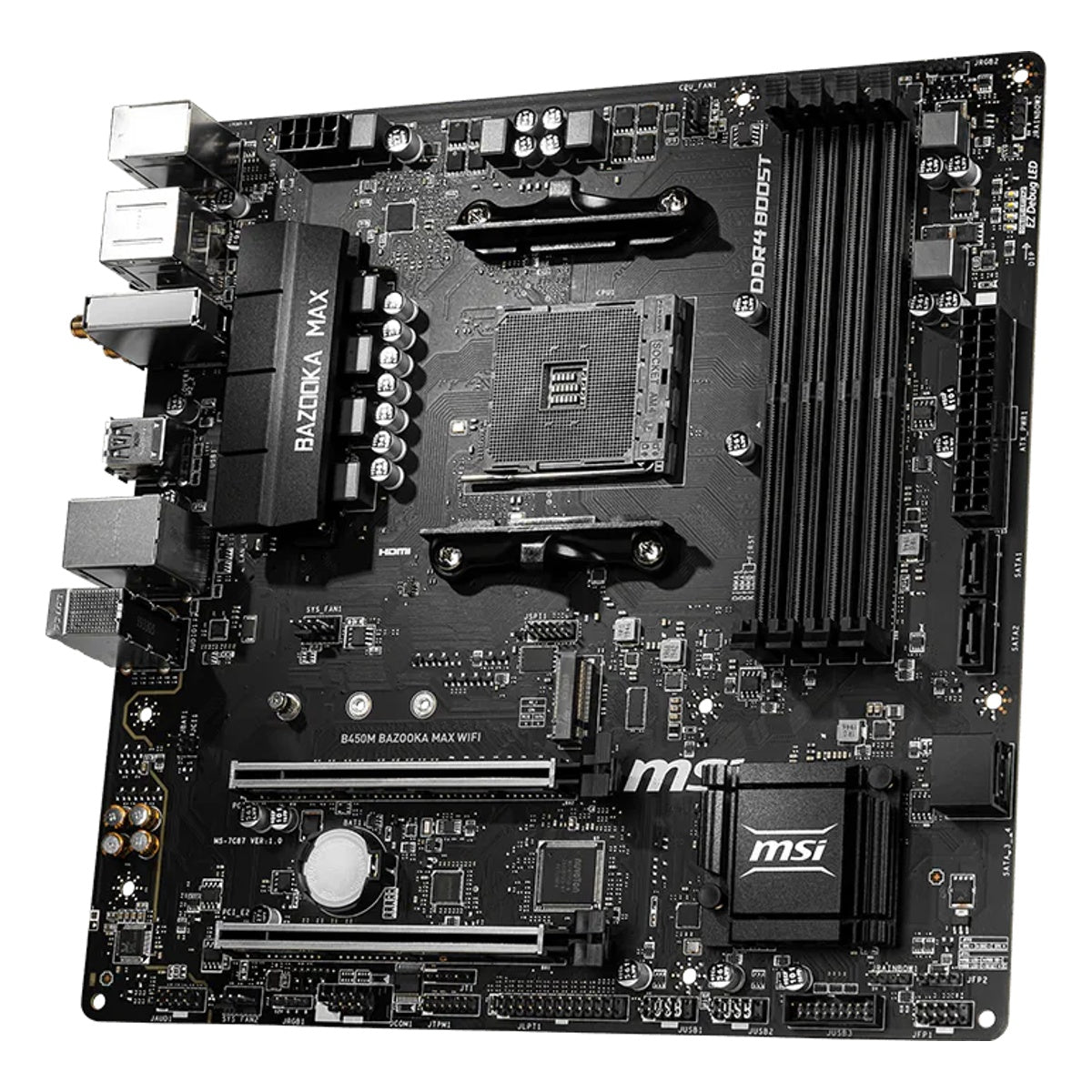 MSI B450M BAZOOKA MAX WIFI angled view