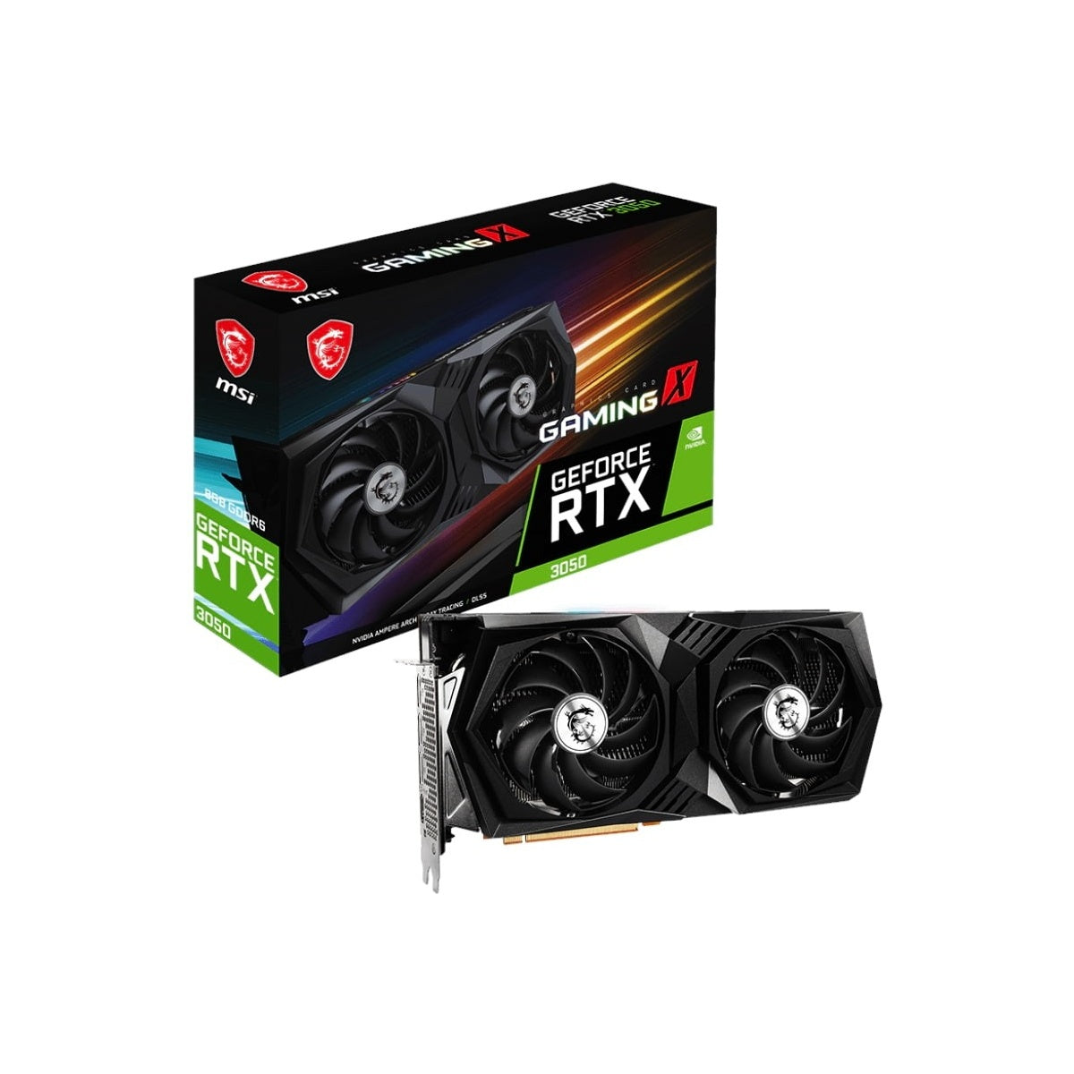 MSI GeForce RTX 3050 GAMING X 8GB graphics card with retail box