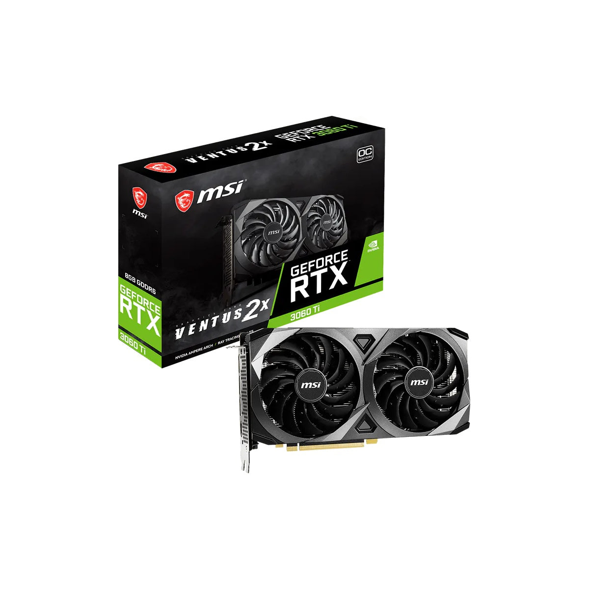 MSI GeForce RTX 3060 Ti Ventus 2X OC card and box official stock image