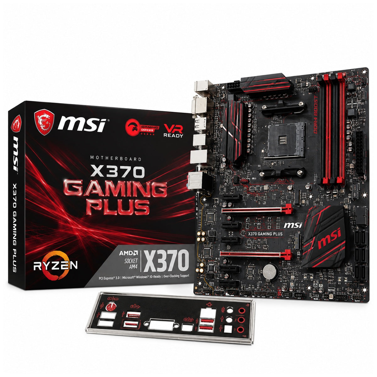 MSI X370 Gaming Plus AM4 ATX motherboard with box and I/O shield