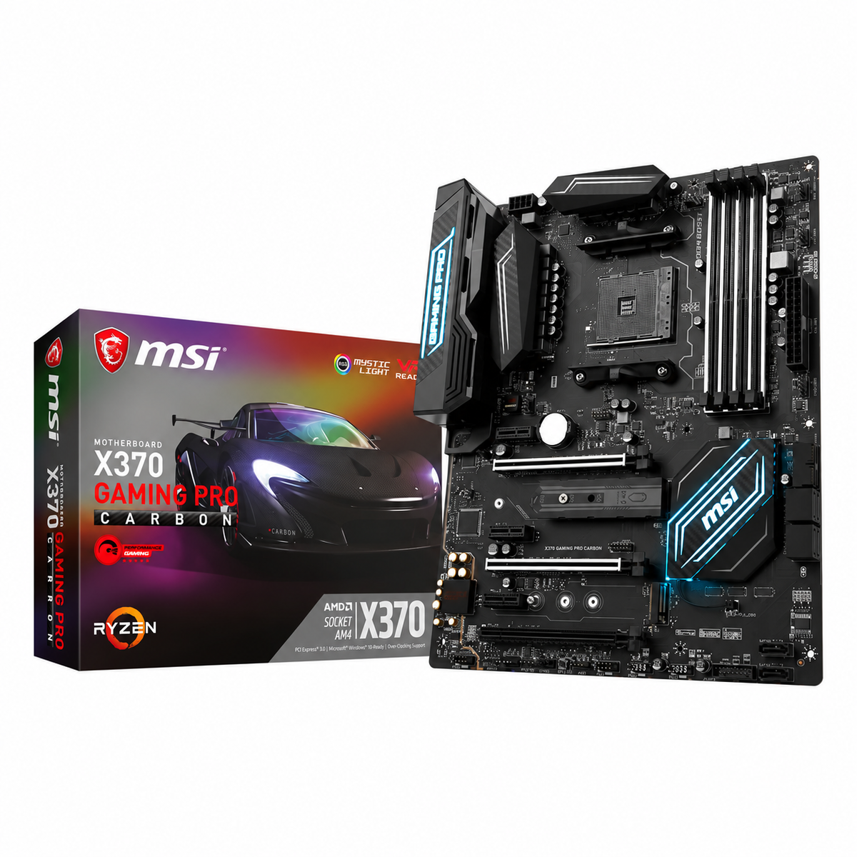 MSI X370 Gaming Pro Carbon motherboard with illustrative retail box
