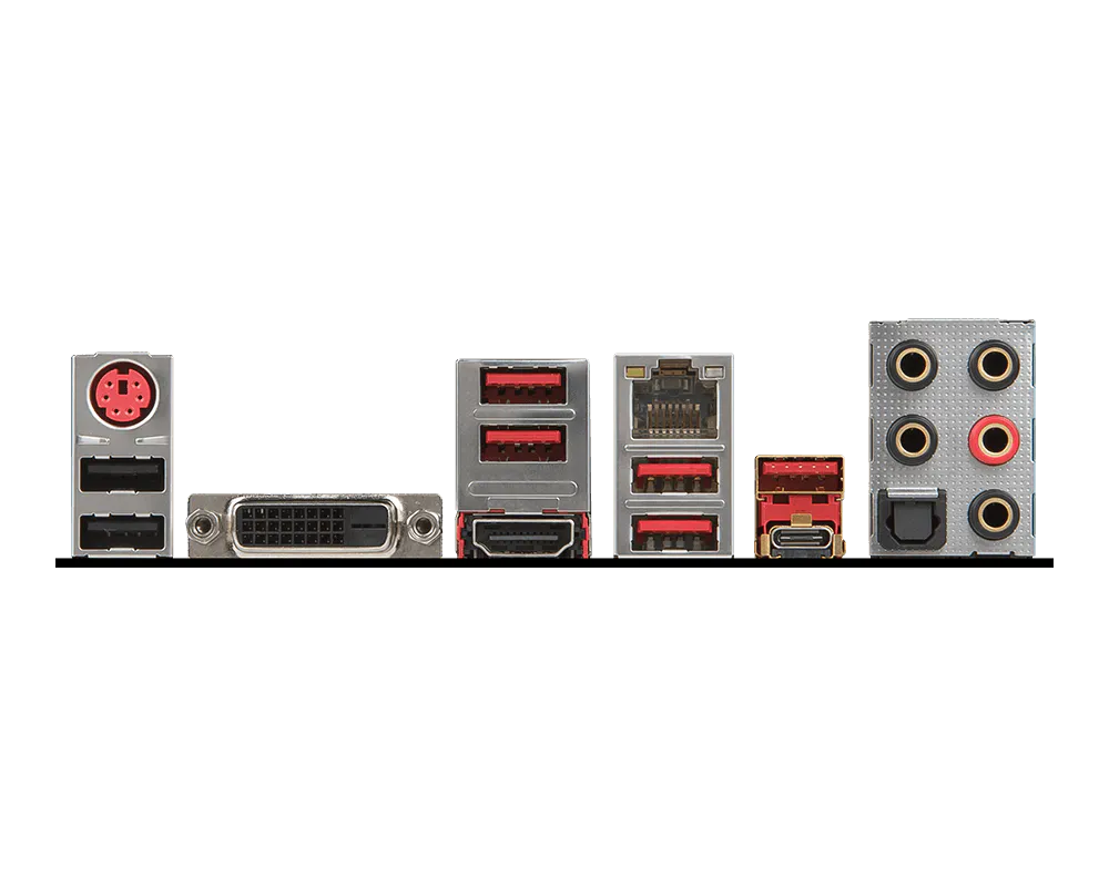 MSI X370 Gaming Pro Carbon rear I/O ports including USB, HDMI, DVI-D, Gigabit Ethernet and audio