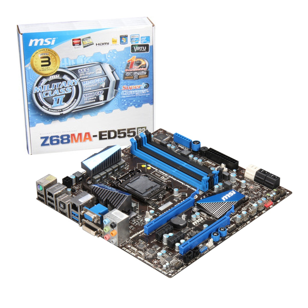 MSI Z68MA-ED55 (B3) motherboard with retail box – stock illustration; box not included