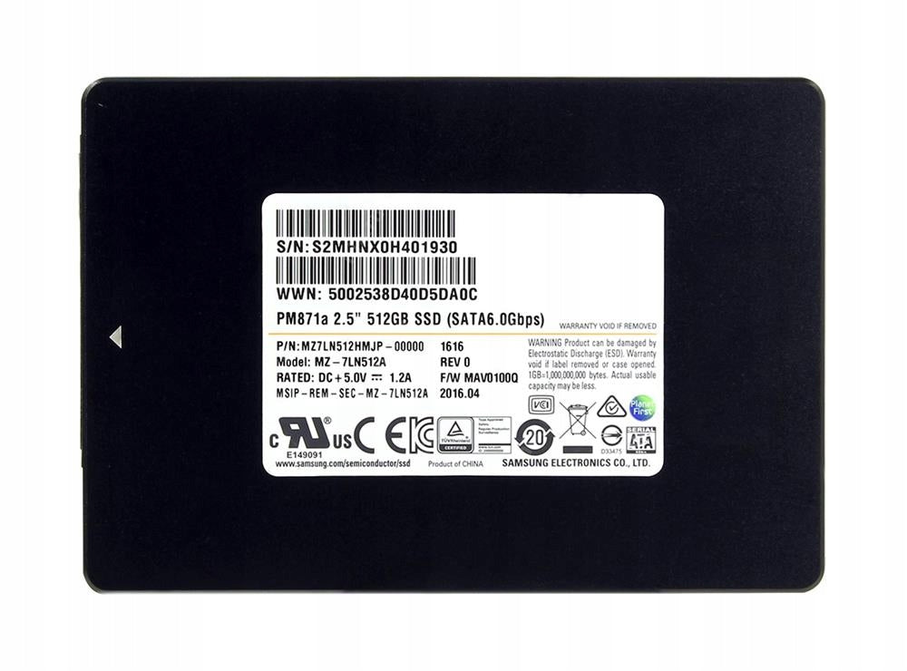 Samsung PM871a 512GB 2.5-inch SATA SSD MZ7LN512HMJP front stock image