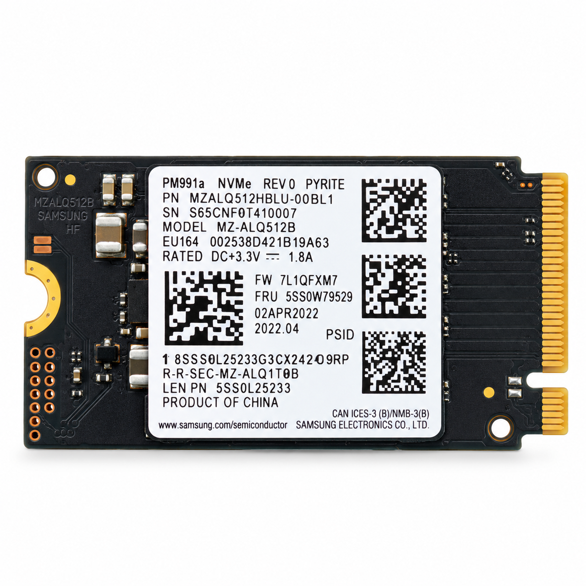 Samsung PM991a 512GB M.2 2242 PCIe 3.0 x4 NVMe SSD MZ-ALQ512B front view