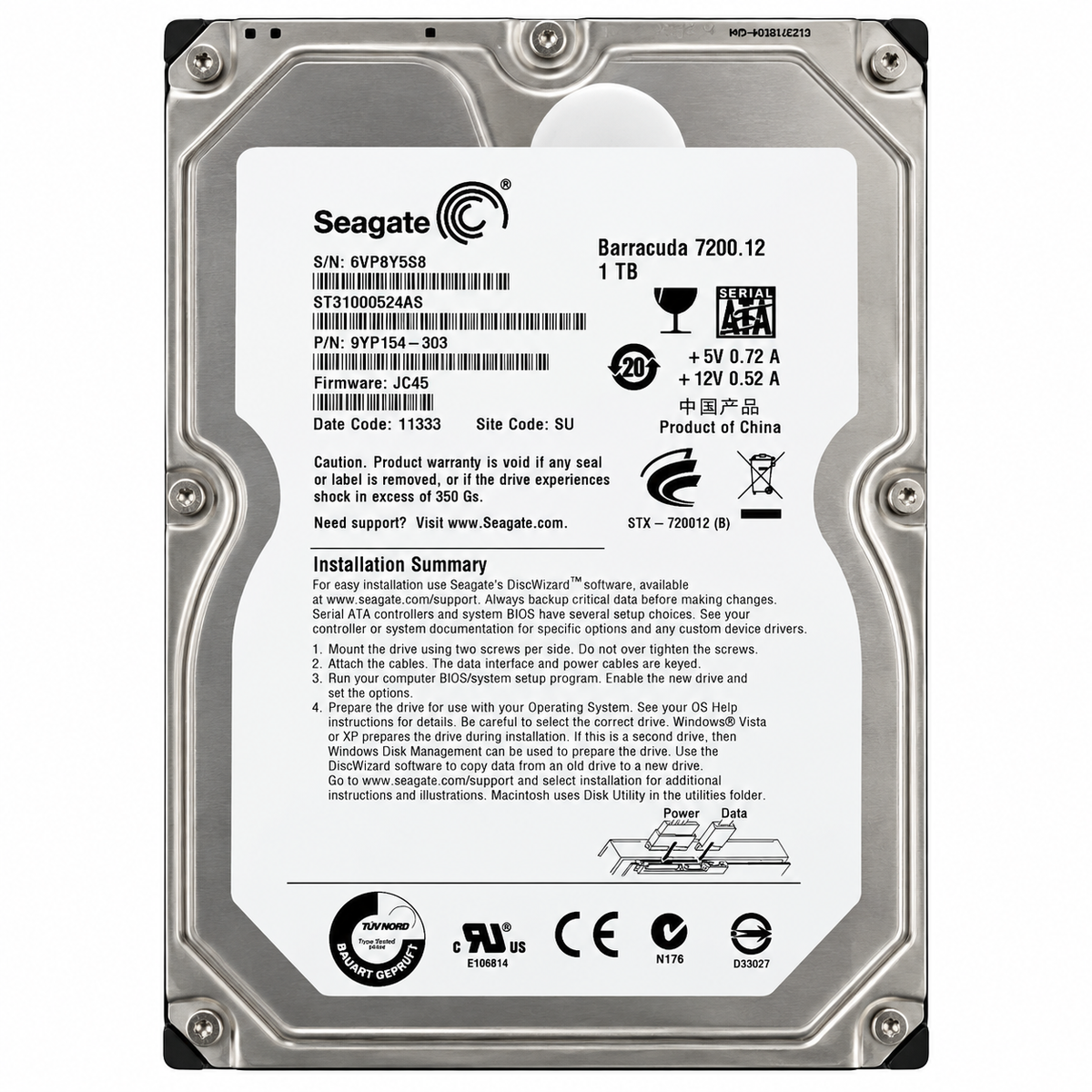 Seagate Barracuda 7200.12 ST31000524AS 1TB 3.5-inch SATA hard drive front view