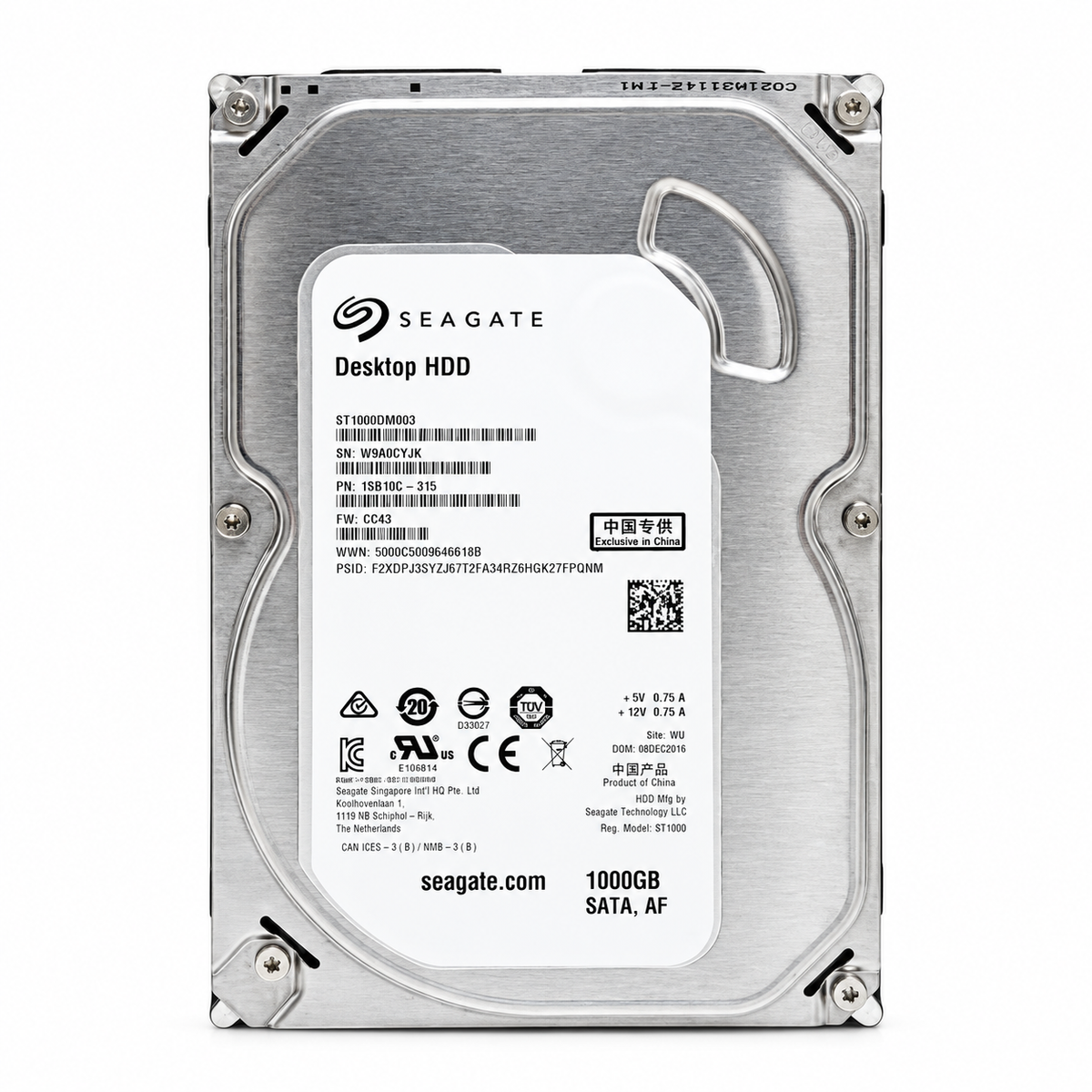 Illustrative front view of Seagate ST1000DM003 1TB desktop hard drive on white background