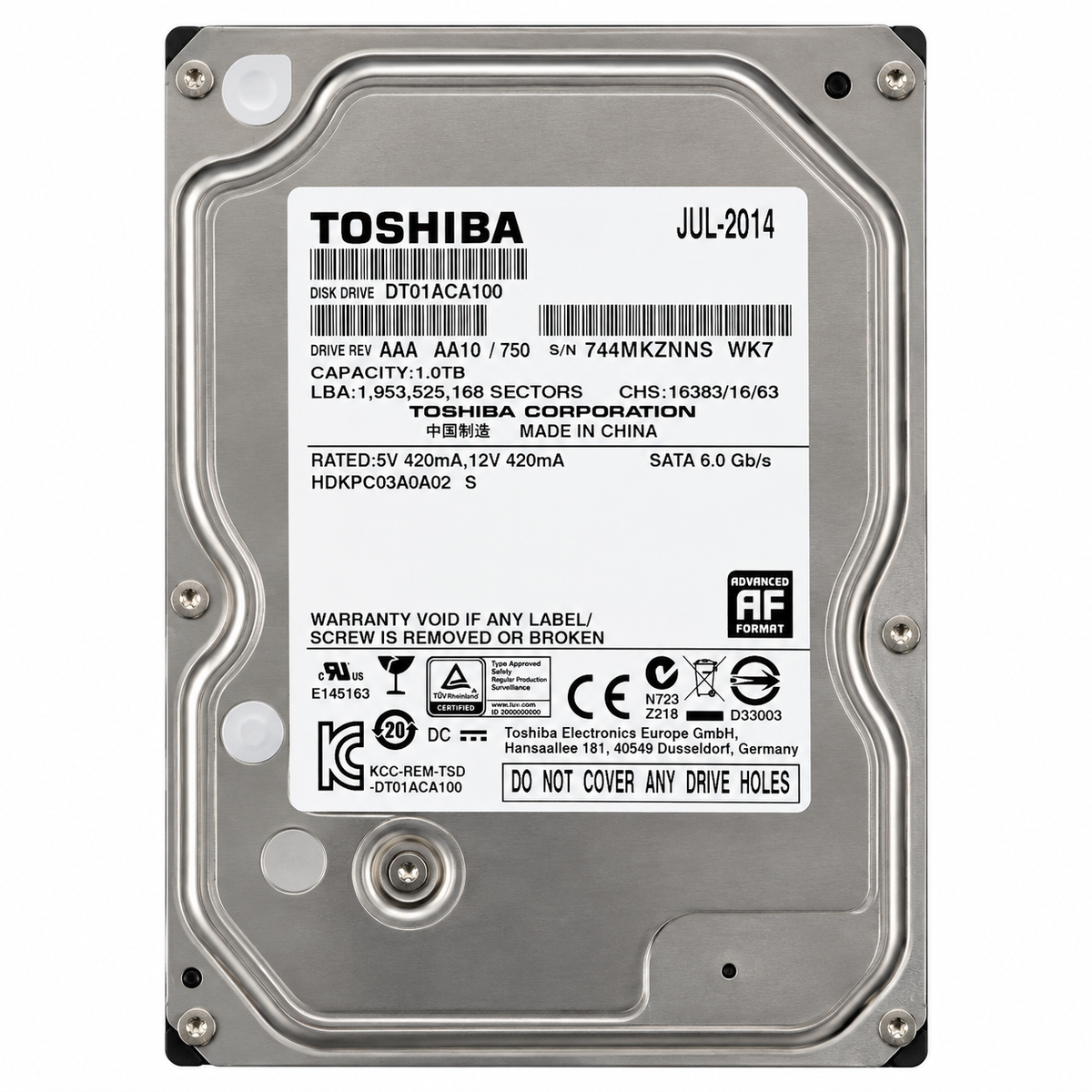 Toshiba DT01ACA100 1TB 7200RPM 3.5-inch SATA hard drive front view