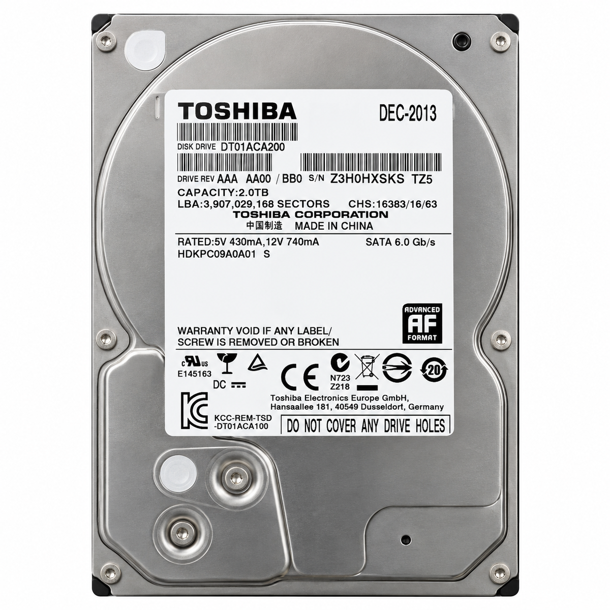 Toshiba DT01ACA200 2TB 7200RPM 3.5-inch SATA hard drive front view