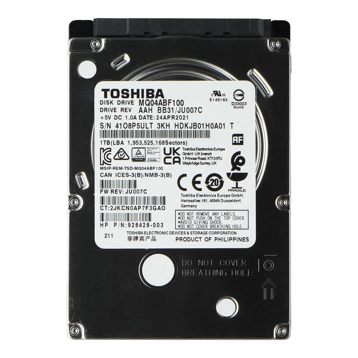 Toshiba MQ04ABF100 1TB laptop hard drive – front view