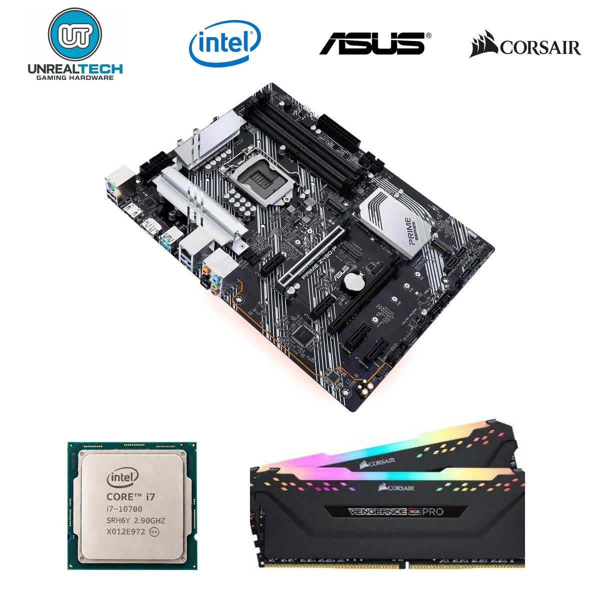 Unreal Tech Intel Core i7-10700 ASUS Prime Z490-P Corsair Vengeance RGB Pro 16GB upgrade combo with all four brand logos