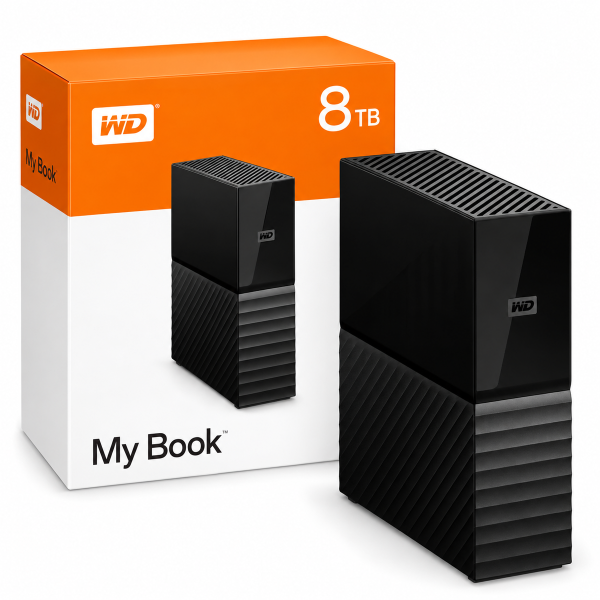 WD My Book 8TB drive and retail box – illustrative image; original box not included