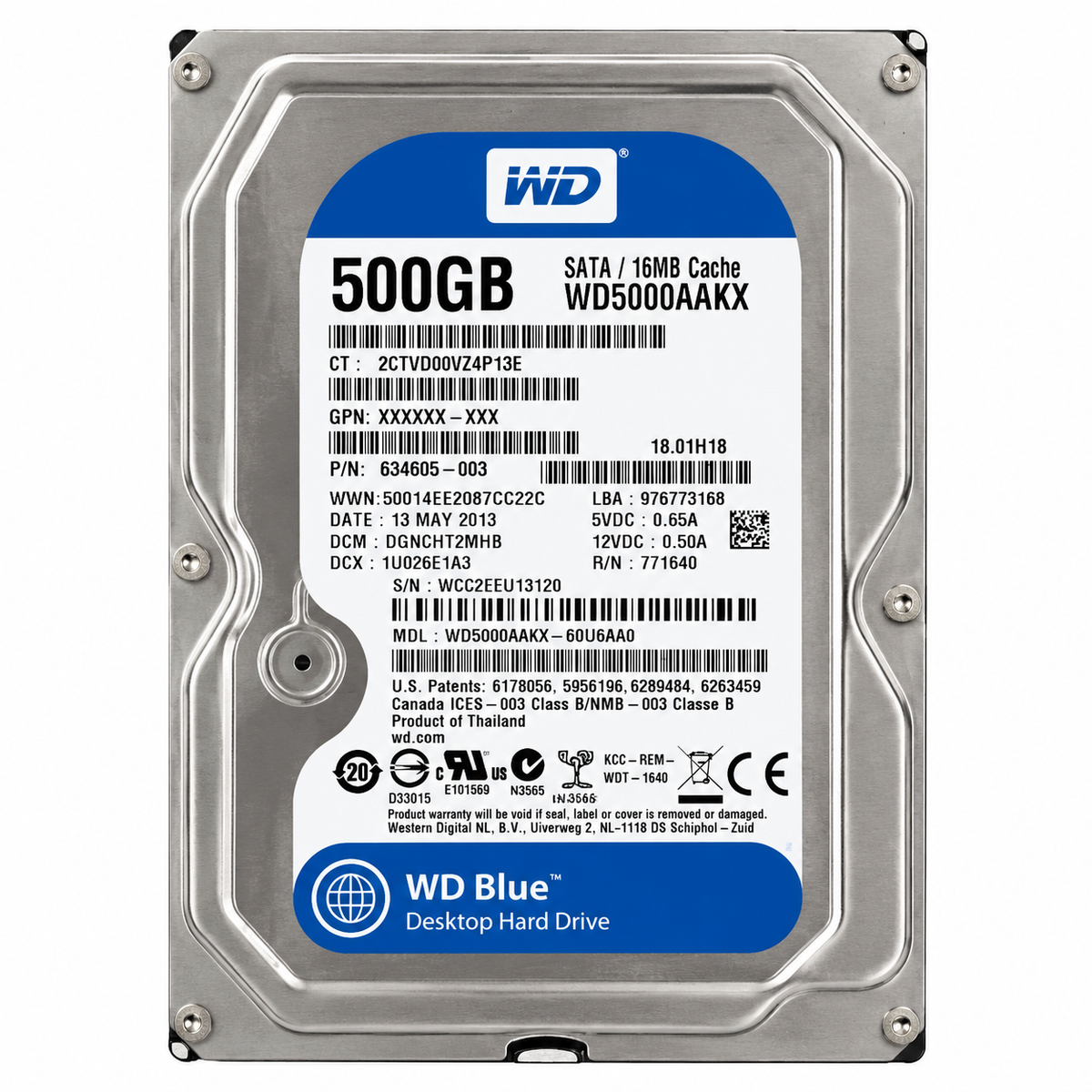 Western Digital Blue 500GB WD5000AAKX 3.5-inch SATA hard drive front view