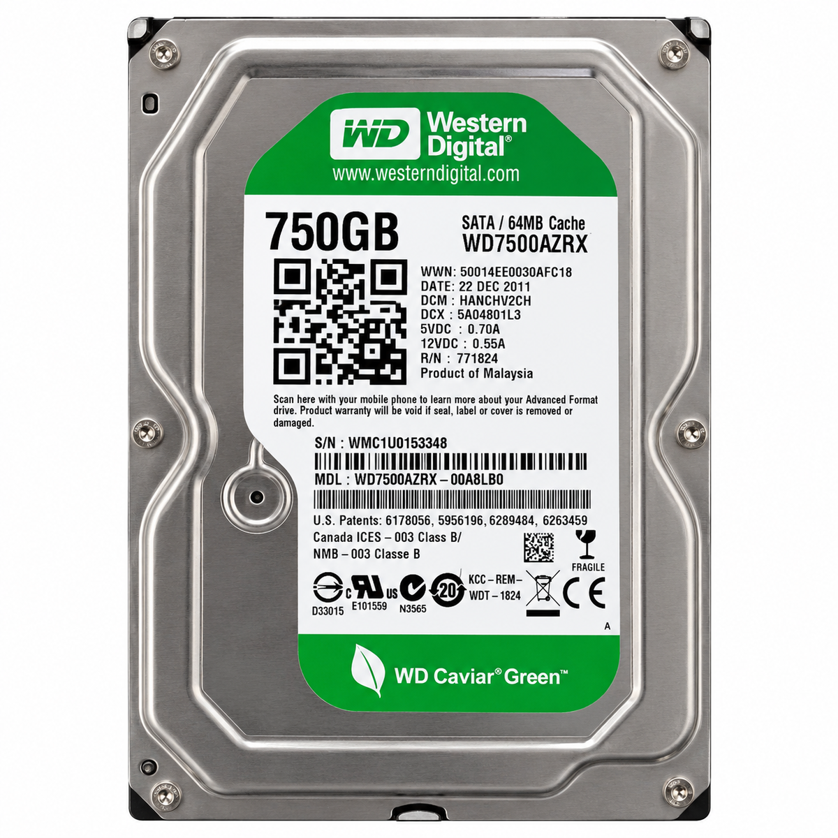 Western Digital Caviar Green WD7500AZRX 750GB 3.5-inch SATA hard drive front view
