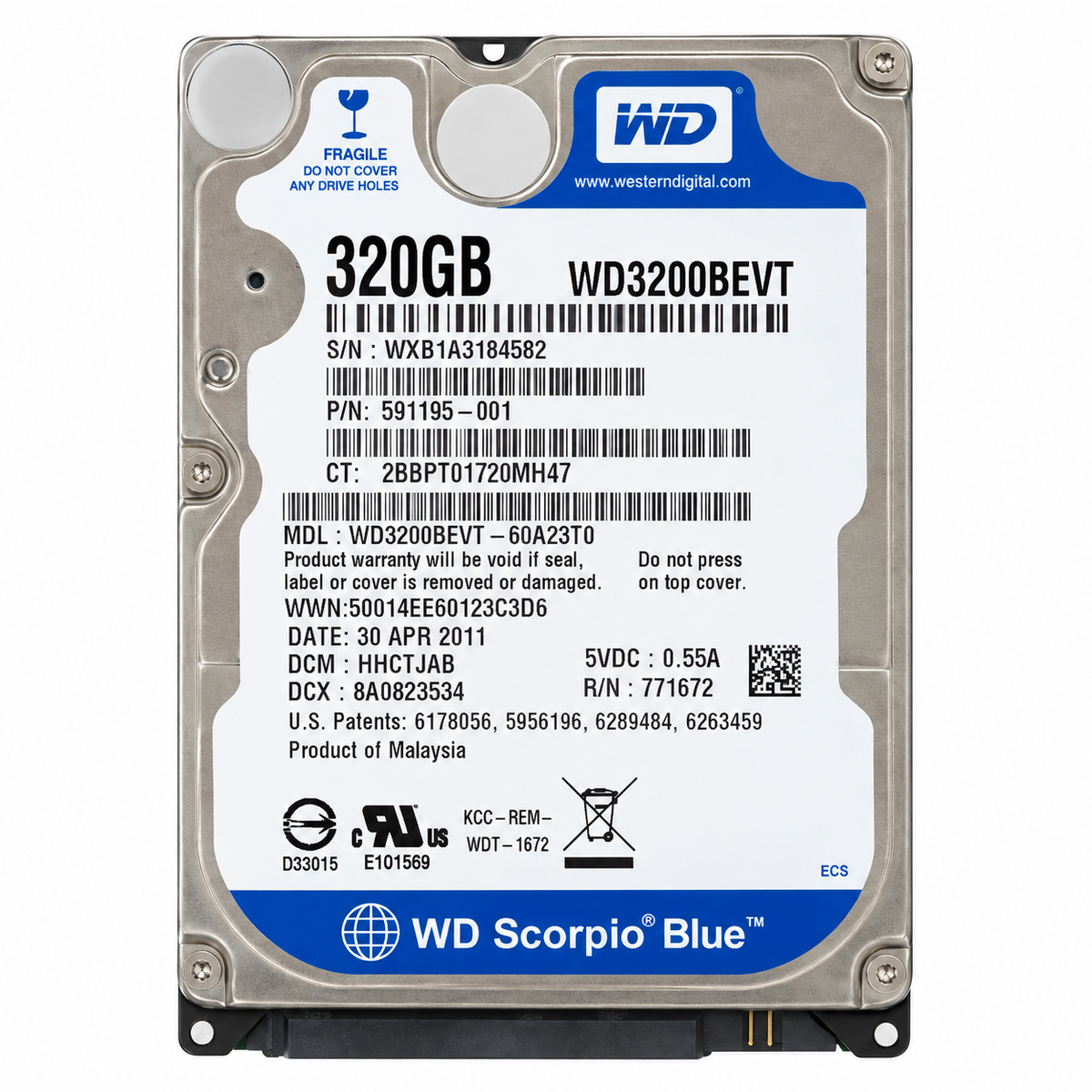Western Digital Scorpio Blue WD3200BEVT 320GB 2.5-inch SATA HDD front view